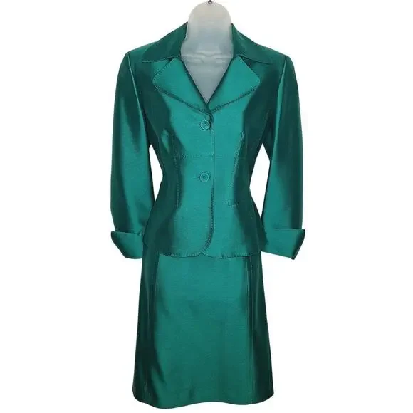 Vintage Albert Nipon Skirt Suit Wool Silk 8 Emerald Green Jackie O Classic 60s - Picture 1 of 16
